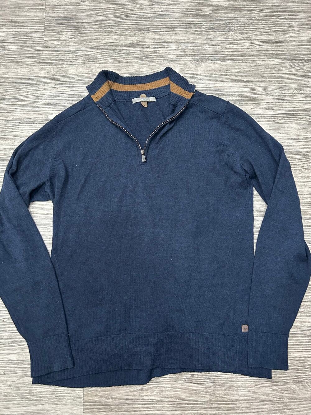 Smartwool 1/4 Zip Merino Wool Blend Sweater Men’s Medium Blue Tan Stripe 1/4 Zip